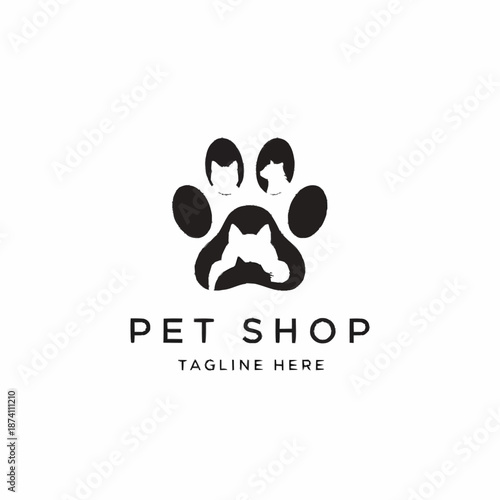 Pet shop logo with paw print and negative space animals.