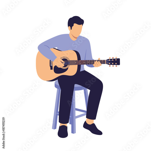 Man Sitting and Playing Acoustic Guitar on a Stool.