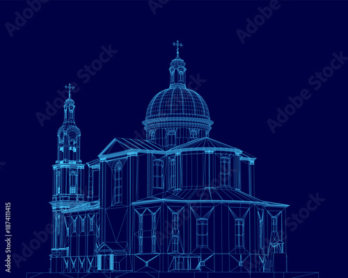 A wireframe blueprint of a cathedral with a central dome, representing the Assumption, is displayed on a dark blue technical background.