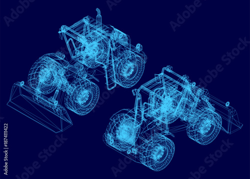 A 3D wireframe model of a bulldozer with a detailed bucket, presented as a technical blueprint on a solid blue background. Isometric view