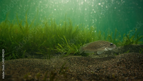 Close-up of a freshwater fish, underwater perspective focusing on texture and pattern, aquatic life preservation © AkuAku