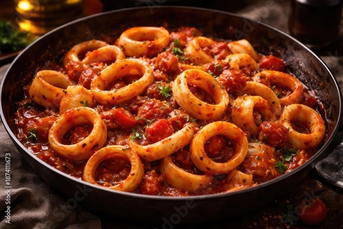 Rustic Italian calamarata pasta with calamari and flavorful tomato sauce © AkuAku