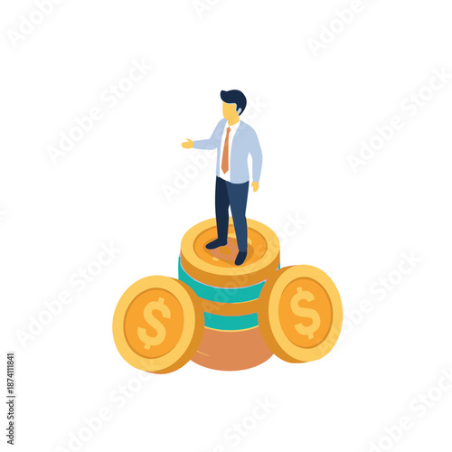 Man Standing on Stack of Coins Symbolizing Financial Success.