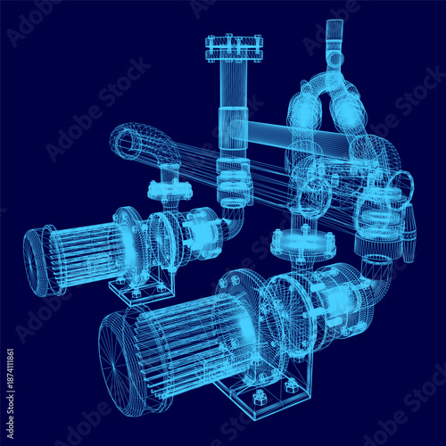 A detailed 3D wireframe model of an electric centrifugal pump, isolated on a solid blue background for technical presentations.