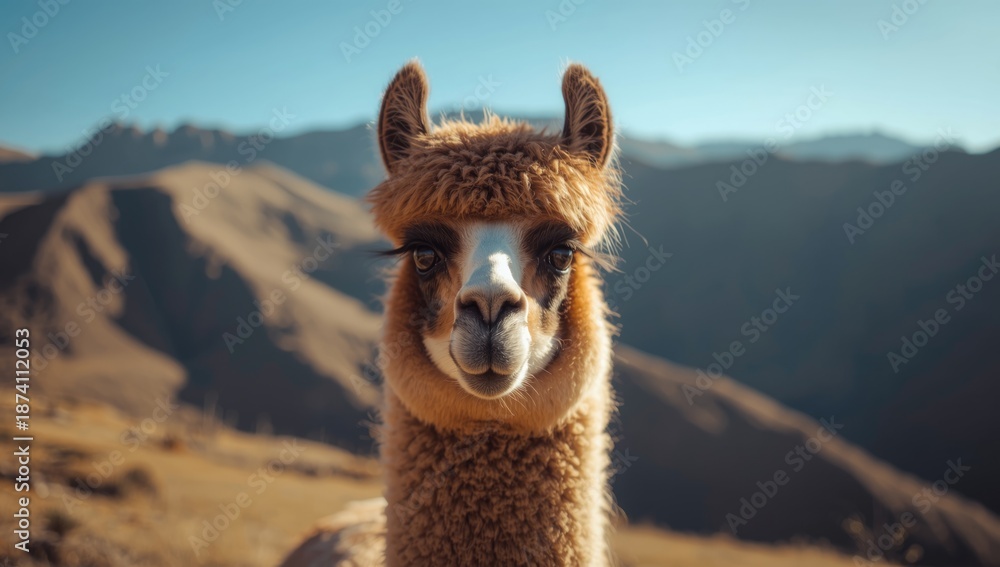 Fototapeta premium Close-up of a llama with heterochromatic eyes, highlighting distinctive facial features for wildlife documentation