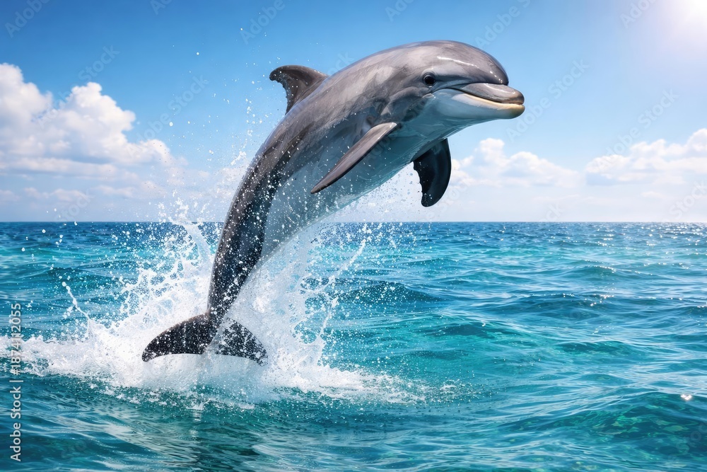 Fototapeta premium Lively bottlenose dolphin pet engaging in a joyful leap with water splash