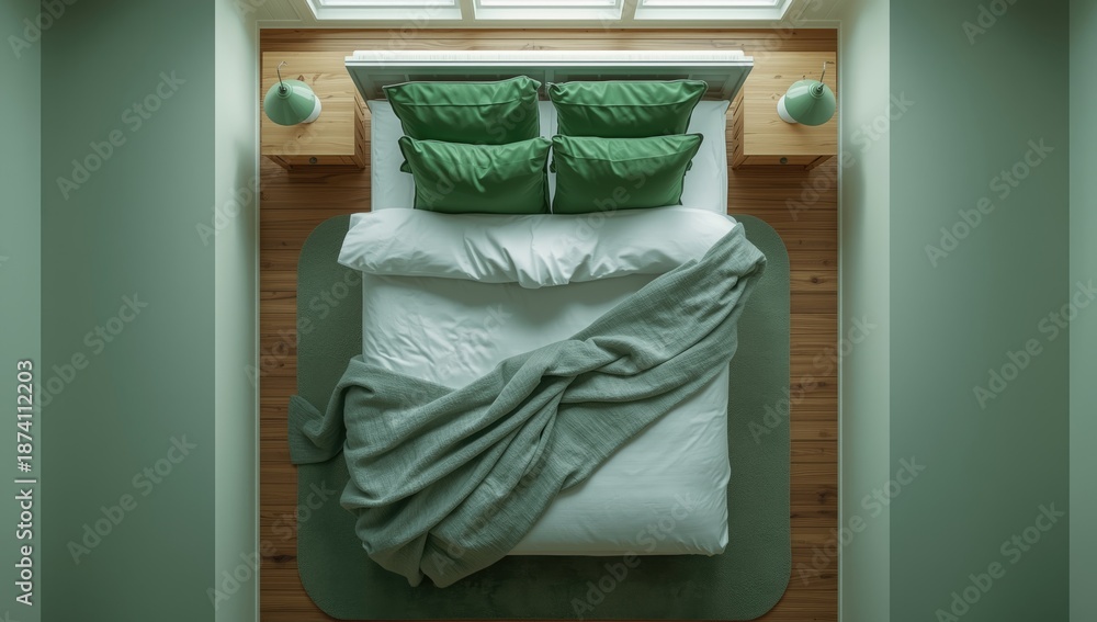 Fototapeta premium Contemporary Scandinavian bedroom seen from above with mattress, green pillows, and throw, highlighting sleep environment, World Sleep Day