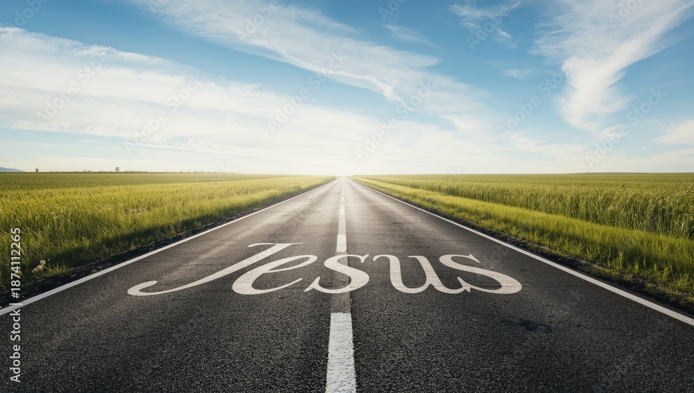 Fototapeta premium Country lane featuring Jesus graffiti, highlighting religious expression in rural areas