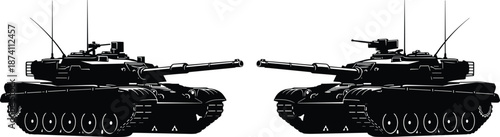 Modern battle tanks vector illustration with opposing armored vehicles silhouettes, military warfare concept, black tactical army equipment design, defense technology artwork