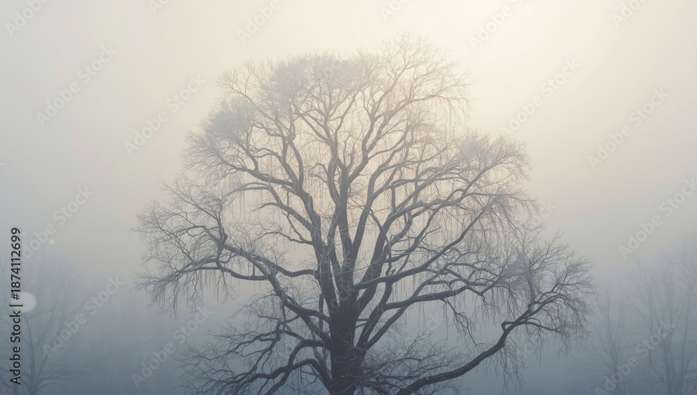 Obraz premium Frosted tree branches without leaves on a cold winter day, highlighting winter's impact on natural growth