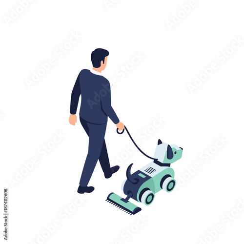 Man walking a robotic dog with a vacuum cleaner attachment.