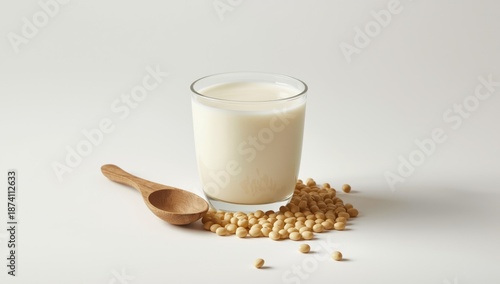Soy milk and soybeans in a glass and a wooden spoon, emphasizing dairy alternative ingredients, Earth Day
