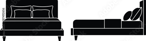 Modern bed silhouette vector illustration showing front and side views, minimal bedroom furniture design in black and white, interior decor graphic element