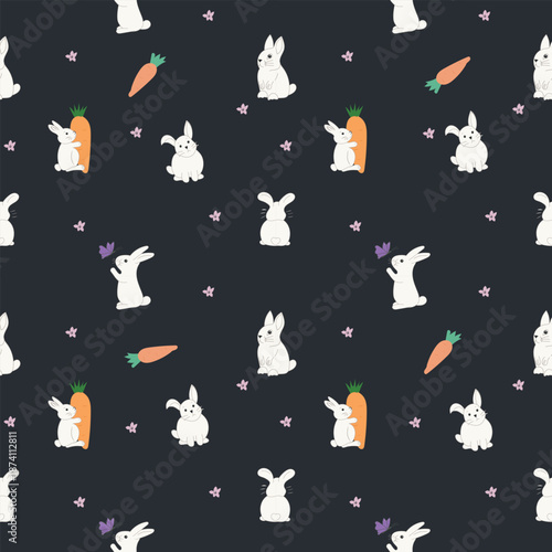 Cute bunny seamless pattern on dark background for kids design