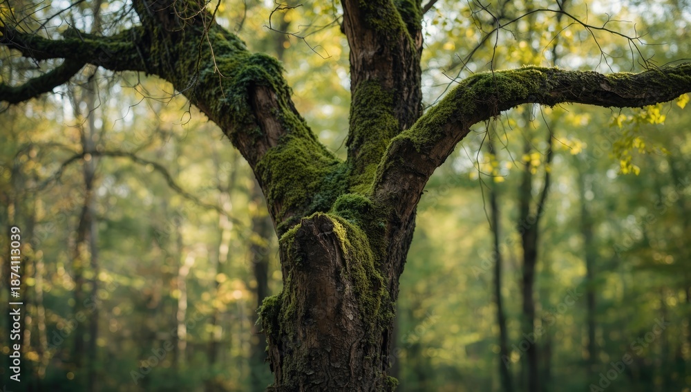 Fototapeta premium Branch limbs draped with moss in a dense forest setting, suitable for nature-themed backgrounds, World Environment Day
