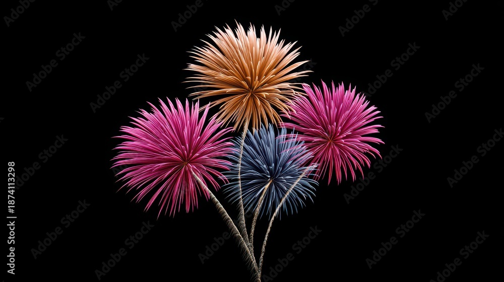 Fototapeta premium Colorful fireworks burst against a black background, creating a festive atmosphere with vibrant hues and intricate designs.
