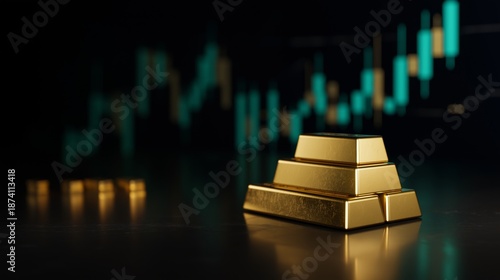 Stacked gold bars represent investment growth against rising market indicators. Precious metal assets support financial security, wealth preservation, and capital protection. Economic concept 