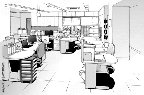 漫画風ペン画イラスト　オフィス_室内