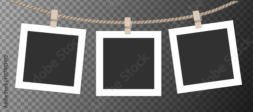 Realistic retro set photo frames hanging on rope isolated on white background vector illustration. Vector illustration of square blank paper.