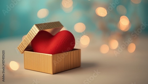 Fabric heart in a gold striped gift box, designed for gift packaging and celebration, Valentines Day