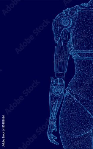 A robotic girl's blue wireframe torso glows against a dark background, illustrating advanced technology and digital anatomy.