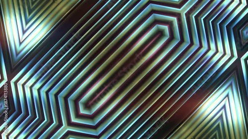 Seamless 3D animation of an abstract pattern. A kaleidoscope of metallic stripes with iridescent shimmers. A geometric pattern with a neon glow and pearlescent effect