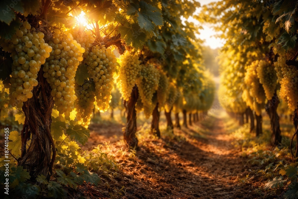 Fototapeta premium Vineyard glowing in sunlight with abundant grape bunches on strong vines
