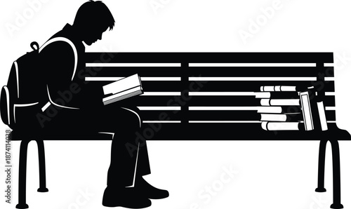 Student reading book on park bench vector illustration, black silhouette young person studying outdoors for education, learning, knowledge, academic lifestyle design