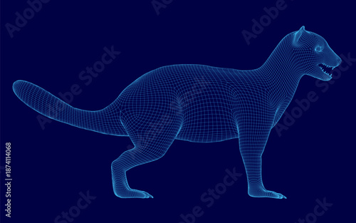 A detailed 3D wireframe of a mongoose is displayed on a solid blue background. The complex mesh of lines and geometric shapes creates a realistic digital representation. Side view