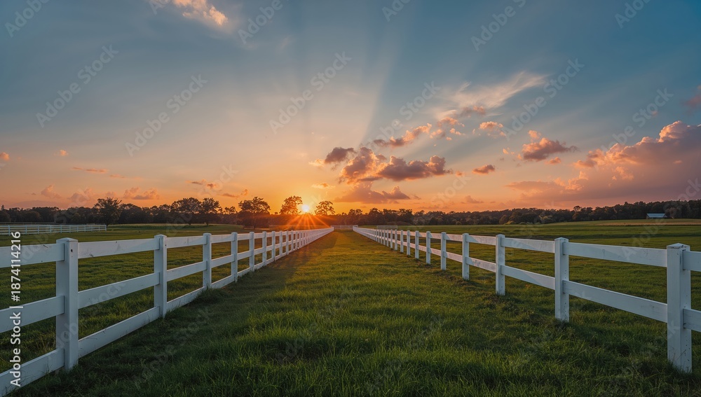 Fototapeta premium Sunset over a rural landscape with a white fence, suitable for editorial header design