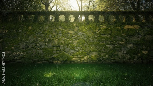 Close-up of a moss-grown stone wall surface serving as a rustic landscape feature, highlighting preservation