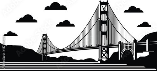 Suspension bridge cityscape vector illustration with iconic long span over water, black silhouette landmark for urban travel, architecture, transportation, skyline design