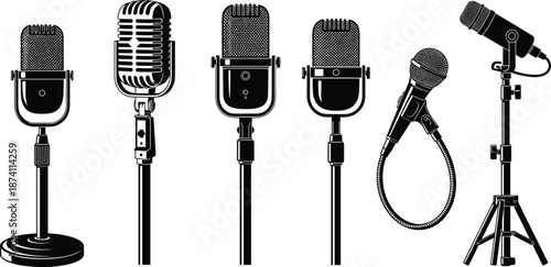 Studio microphones vector illustration set with classic and modern recording mics, black silhouette icons for podcast, broadcasting, music production, audio technology design