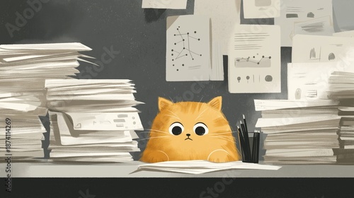 Illustrated orange cat surrounded by paperwork representing administrative overload. Office fatigue, routine tasks, documentation pressure. Concept for business stress and workflow imbalance