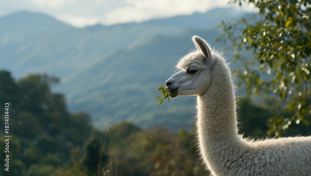 Fototapeta premium Llama feeding on lush green leaves, highlighting forage intake and grazing behavior
