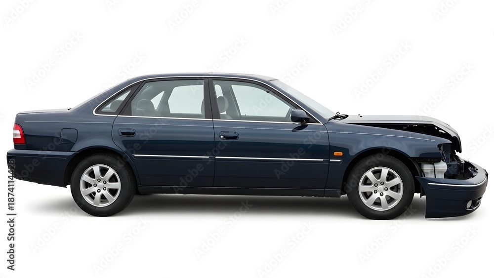 Obraz premium Dark blue sedan car with front end damage and missing bumper on white background damaged