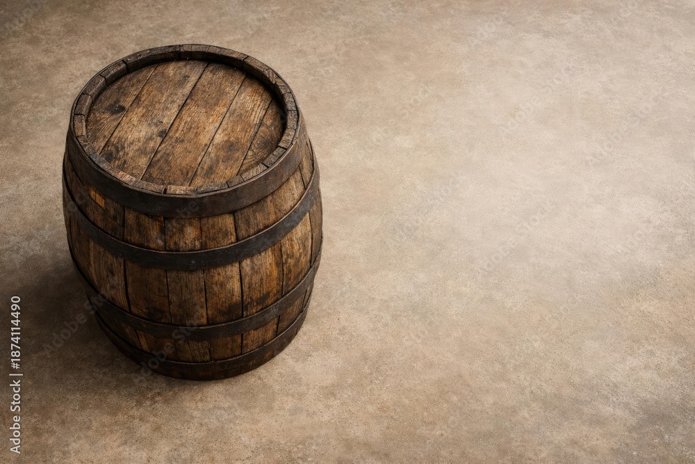 Fototapeta premium Elevated perspective of a historic wooden barrel placed on a smooth textured surface with copy space
