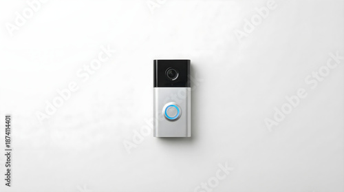 Modern smart doorbell on white wall with camera