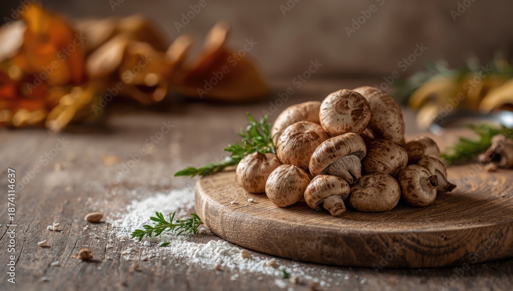 Fototapeta premium Fresh mushrooms detailed shot emphasizing natural textures, ideal for food presentation backgrounds