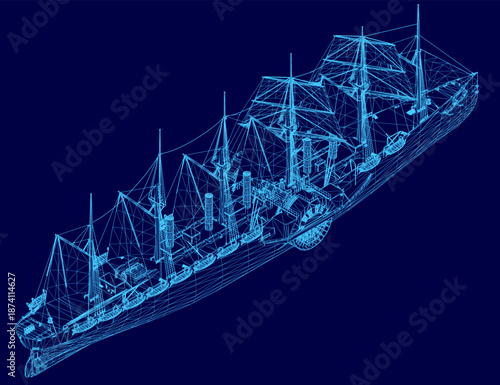 A detailed 3D wireframe model of a passenger sailing ship floats on a solid blue background, showcasing its complete structural blueprint and design. Isometric view