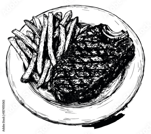 Hand drawn line art illustration of a steak and french fries depicting a classic pub meal for food menus