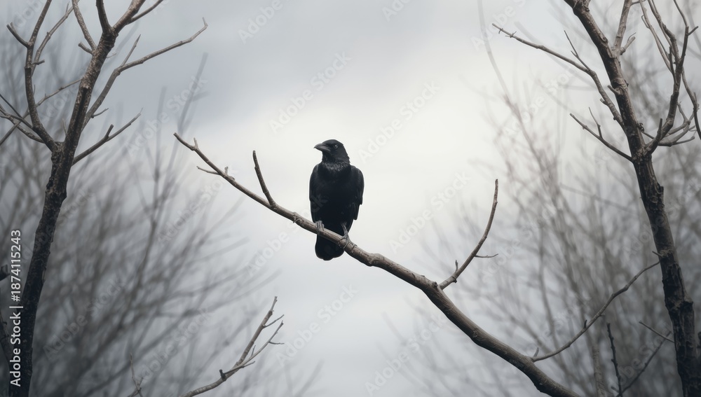 Fototapeta premium Black bird sitting on a tree limb with a backdrop of leafless branches and overcast sky, suitable for birdwatching awareness