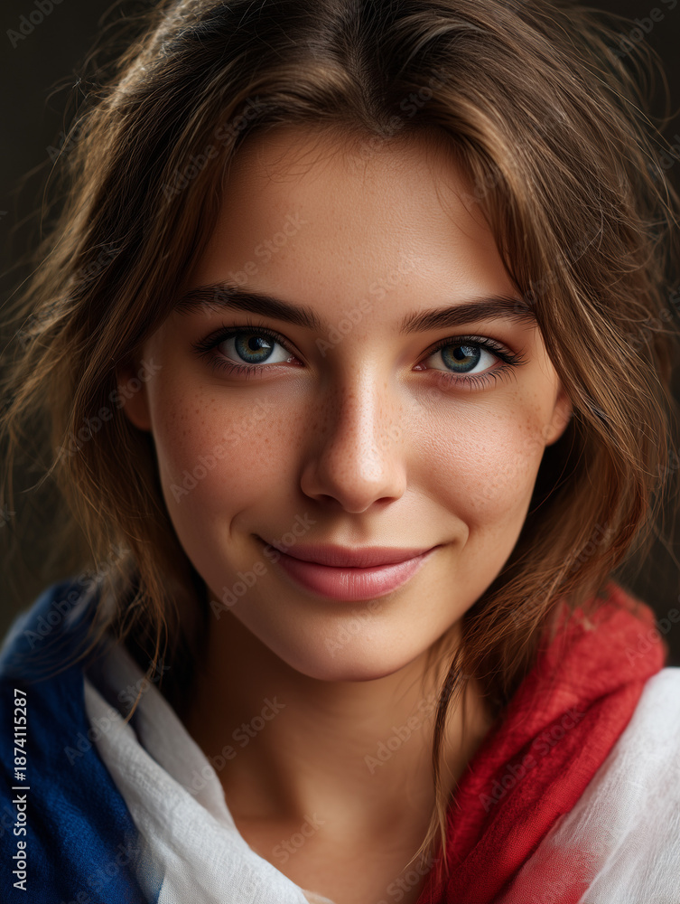 Naklejka premium Young woman smiling wrapped in french flag colors
