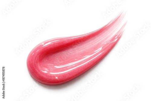 Isolated white backdrop featuring a glossy smudged pink cosmetic lip gloss swatch