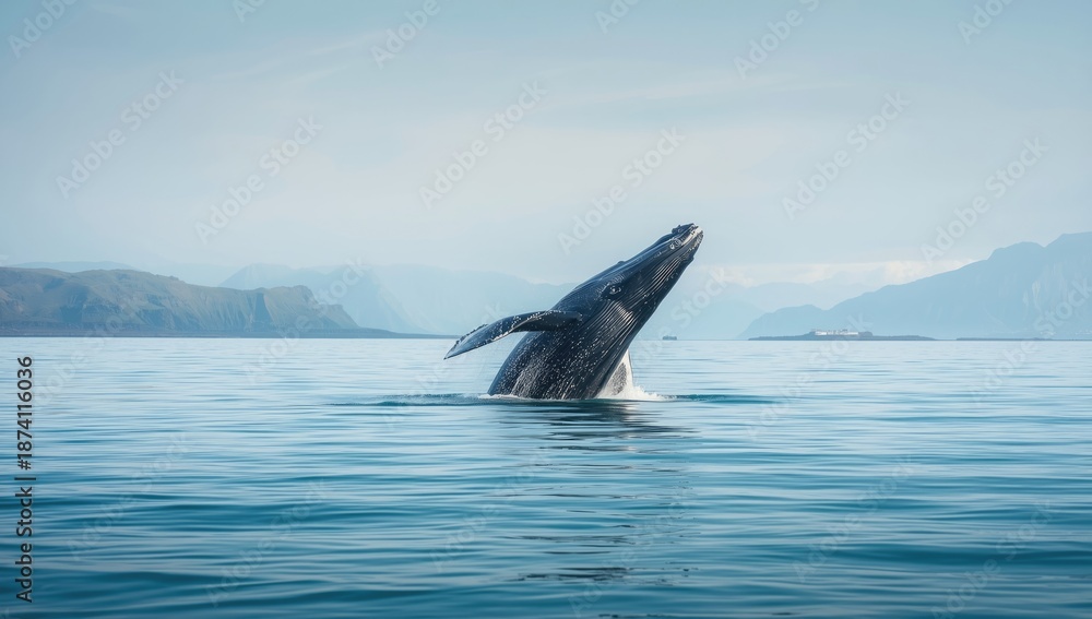 Fototapeta premium Humpback whale breaching the ocean surface near Iceland, highlighting marine biodiversity