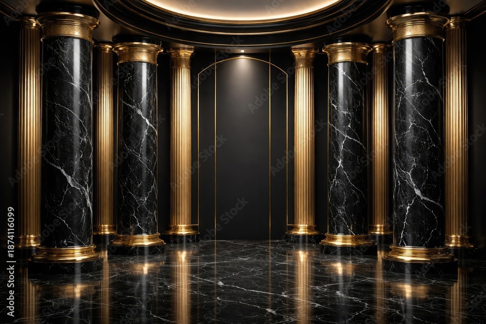Naklejka premium Modern black marble pillars complemented by elegant gold columns background