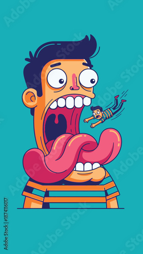 Man with huge mouth about to swallow another person.