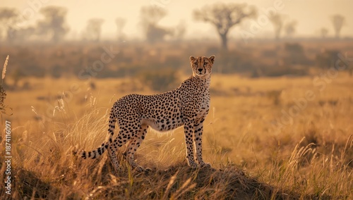 African savannah scene with a cheetah lying in the grass, highlighting natural habitat preservation