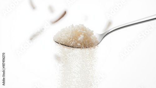 Coconut powder scattered from a teaspoon, emphasizing ingredient preparation for cooking or baking, food and cuisine
