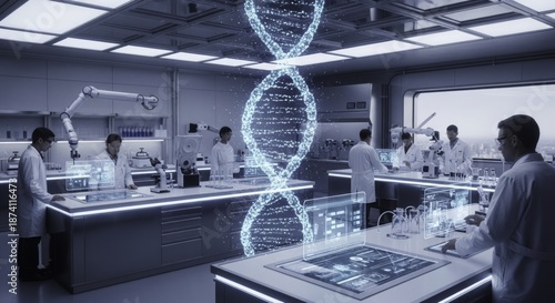 Scientists in a Futuristic High-Tech Genetic Research Laboratory with a Large Glowing DNA Helix Hologram and Holographic Displays